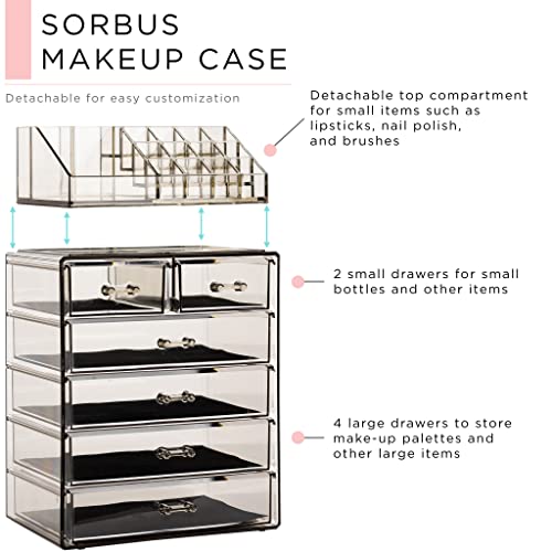 Image of Sorbus Acrylic Makeup Organizer Set, 6-Drawer Vanity & Countertop Cosmetic Storage with Small & Wide Compartments, Black-Tint Makeup Storage for Brushes, Jewelry - Holiday Gift for Women & Teens