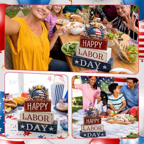 Moucuny 4 Pcs Labor Day Red White Blue Wooden Block Signs Table Decor by Moucuny - Used condition - Image 5