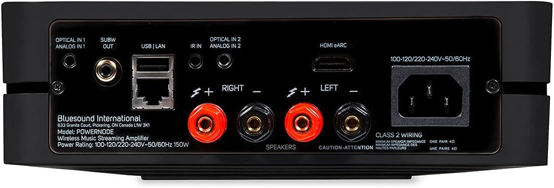 Rear panel of the Bluesound Powernode showing various input and output ports