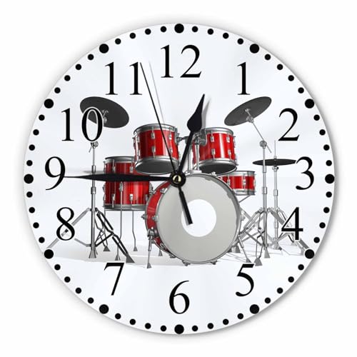 Music Wall Clock Red Silver White Rock N Roll Jazz Musical Instrument Cool Drum Clock 10 Inch Silent Non-Ticking Clocks Battery Operated for Home Living Laundry Room Kitchen Bedroom Office