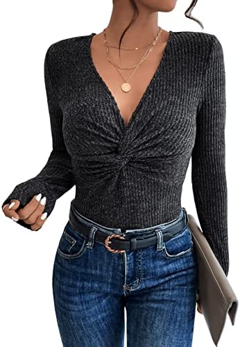 GORGLITTER Damesshirt met lange mouwen, V-hals, buikvrij bovenstuk, met strik aan de voorkant, vrijetijdsshirt met kant, Wit, XS GORGLITTER Damesshirt met lange mouwen, V-hals, buikvrij bovenstuk, met strik aan de voorkant, vrijetijdsshirt met kant, Wit, XS