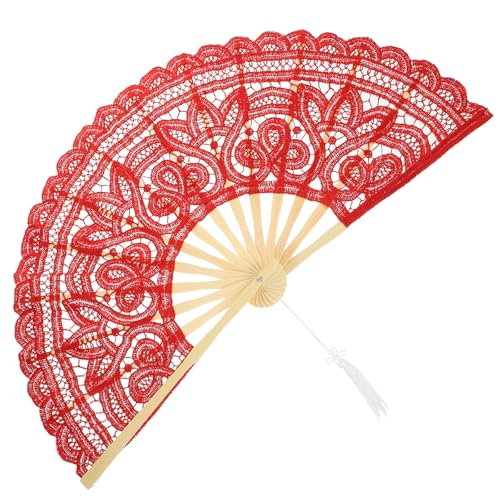 Mobestech Abanico Plegable de Encaje Vintage Rojo Estructura de Bambú, Ventilador Portátil para Bodas, Accesorios para Baile y Fiestas, Abanico Chino para Verano y Fotografía