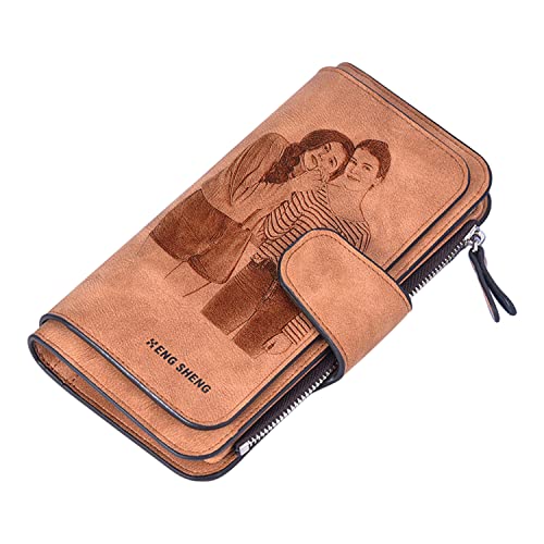 Personalisiert Geldbeutel Frau,Leder GeldböRse mit Foto,Personalisierte gravierte Langer Stil mit Reißverschluss Wallet Foto-Geldbörse, Muttertags-Valentinstagsgeschenk für Frauen (Braun)