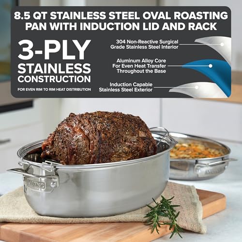 Image of Viking 3-Ply Oval Roasting Pan, 8.5 Quart, Stainless Steel Kitchen Cookware with Metal Induction Lid and Rack, Great for Turkey, Dishwasher and Oven Safe, Silver