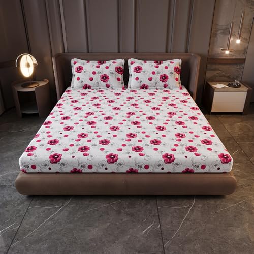 Image of Divine Casa 100% Cotton Bedsheet for King Size Bed with 2 Pillow Covers | Soft Comfortable Breathable Bedding Set | Wrinkle Free 144 TC Cotton Fabric | 270 x 270 cm (Pink Blossom, Floral)