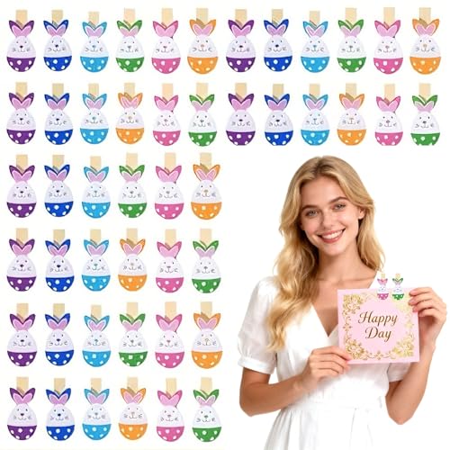 Mini Conejitos Decorativos para Pascua, Set de 48 Pinzas de Madera con Diseño de Conejito, Incluye Cordón de Yute, Ideal para Decoraciones de Fiesta y Manualidades