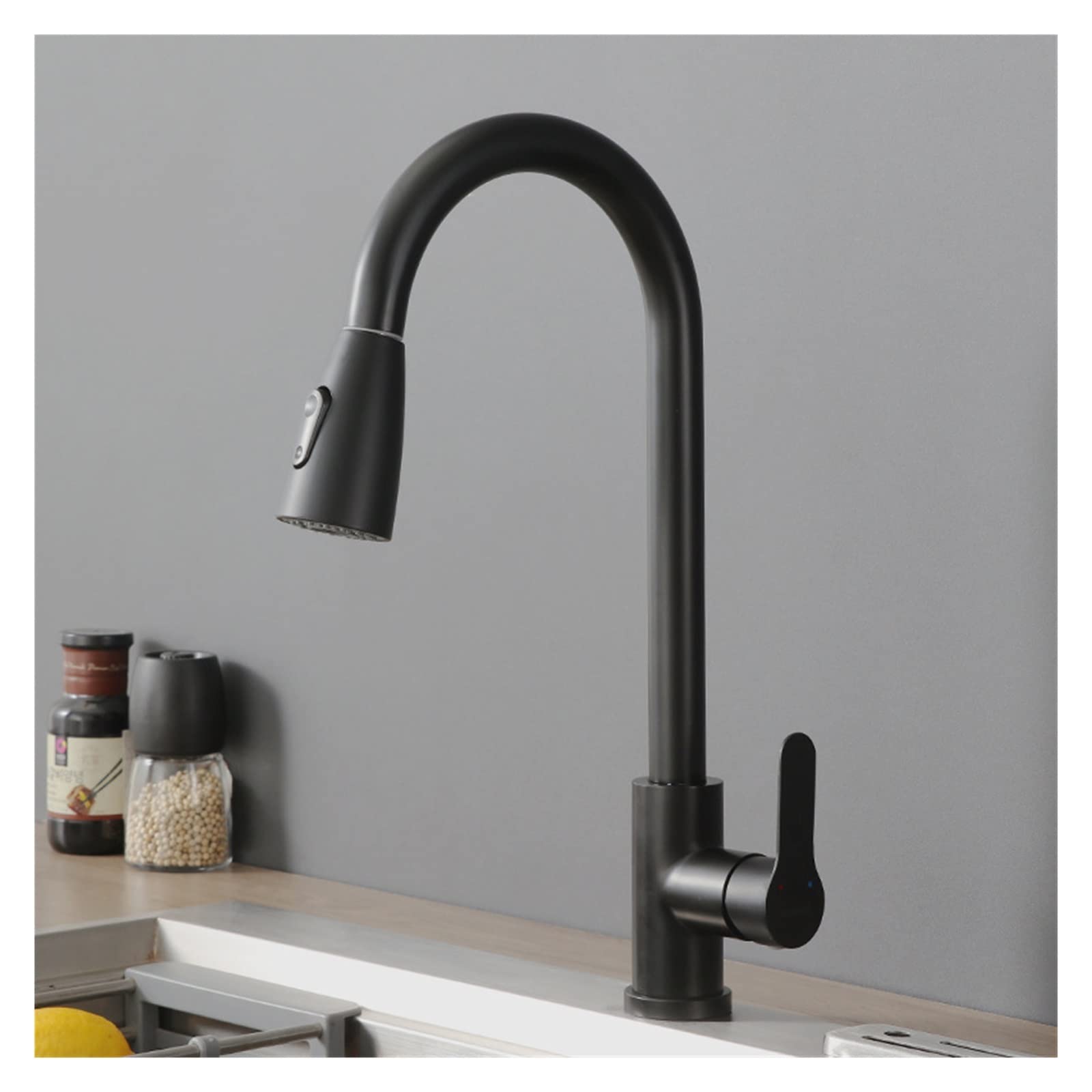 Brushed Nickel Kitchen Faucet Single Hole Pull Out Spout Sink Mixer Tap Stream Sprayer Head Chrome/Black,Precise Control(Nero)