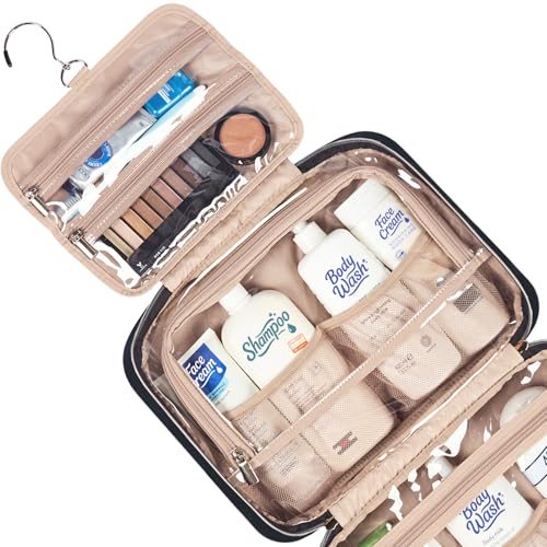 NISHEL Travel Toiletry Bag for women, Portable Hanging Organizer for Family-Sized Shampoo, Conditioner, Brushes Set, Makeup Accessories, Extra Large Size, Black4