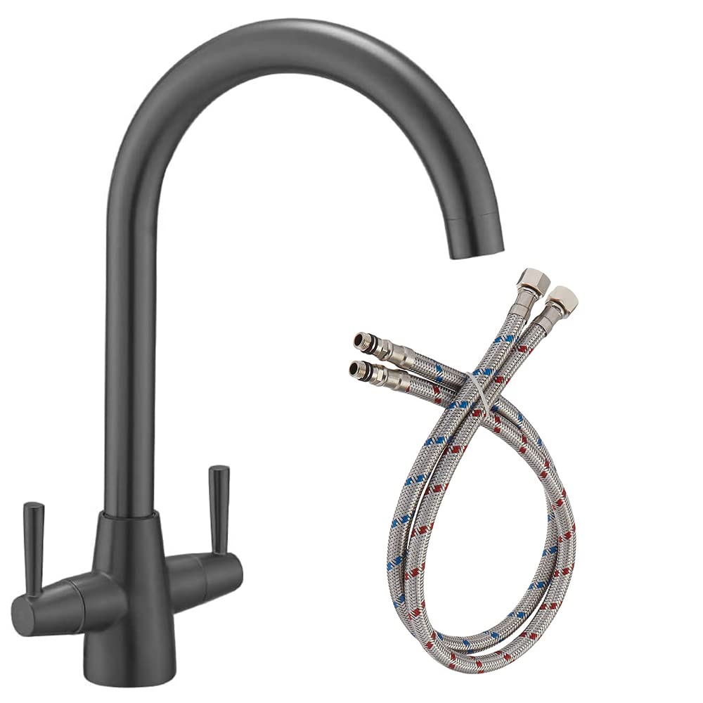 ZQFHSX One Hole Kitchen Mixer Tap Dual Lever Swivel Spout Sink Faucet with Water Supply Hoses Grey