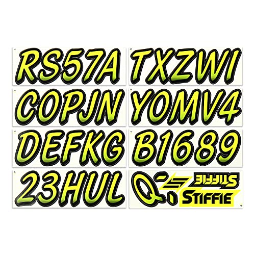 Image of STIFFIE Whipline Day Glow Yellow /Black 3 inch Boat & PWC Registration Decals • Numbers Letters Stickers