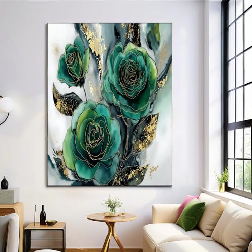 Lienzos decorativos de pared en salon con elegante patrón floral de lujo verde esmeralda