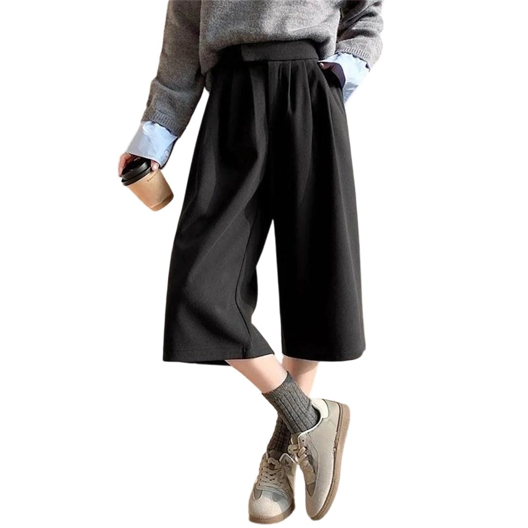 Women Woolen Calf Length Pants High Waist Loose Wide Leg Vintage Solid Button Trousers