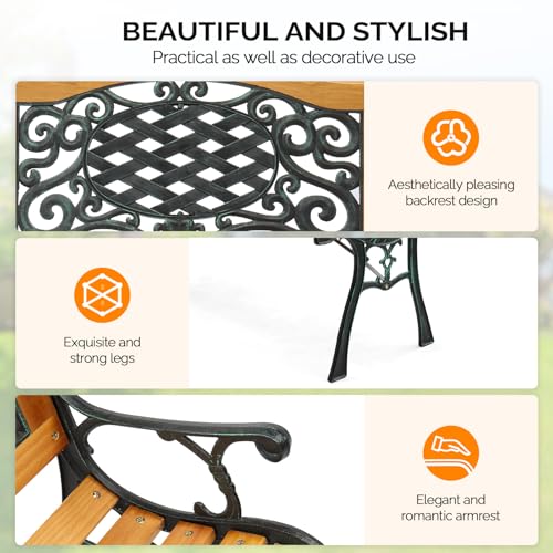 Image of VINGLI Classic Cast Iron & Teak Arched Back Rectangular Outdoor Bench, 3-Seater, 470 lbs Capacity, Easy Assembly, Weather Resistant, 49.5 inch W x 20.5 inch D x 29 inch H