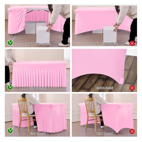 Image of Outpain 6ft Spandex Table Cloth for Standard Folding Tables-4Pack Baby Pink Table Cloth Table Protector for Party, Wedding, Cocktail, Banquet, Festival