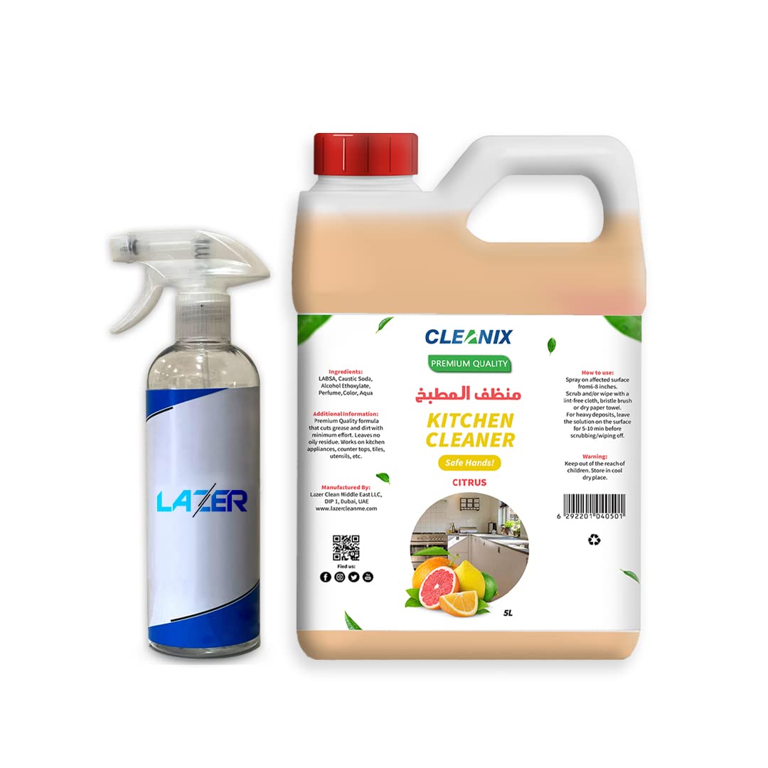CLEANIX Kitchen Cleaner 5L Gallon with Free Spray Bottle – Chlorine & Bleach Free Multi-Purpose Degreaser for Appliances, Countertops, Flooring, Tile Grouts