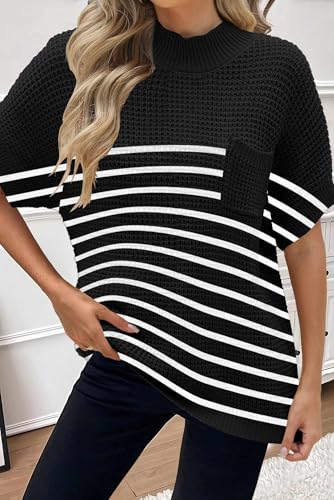 Image of Women 2026 Sweater Vest Mock Neck Batwing Short Sleeve Oversized Ribbed Knit Tops Fall Pullover Sweater S-XXL
