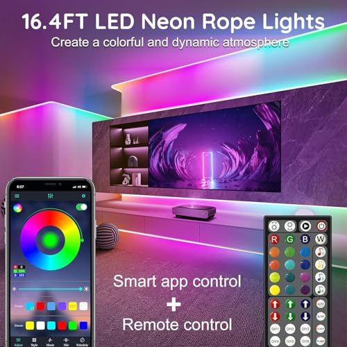 Image of 5 Meter Smart RGB Neon LED Strip Lights with App & Remote | Music Sync Rope Light for Room, Gaming, Party, Diwali & Home Decoration (16.4 Feet Multicolor)