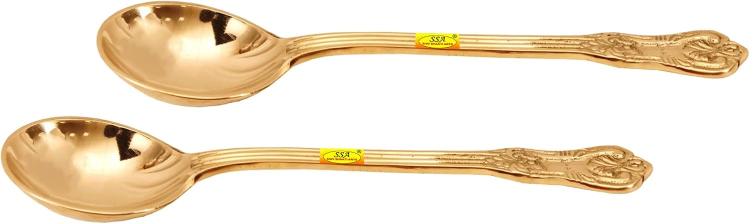 Shiv Shakti Arts Pure Brass Designer Serving Spoon Big - 9" Inch | Donga Spoon | Ladle - for Dinnerware Serving & Cooking Purpose - 2 Pieces Set