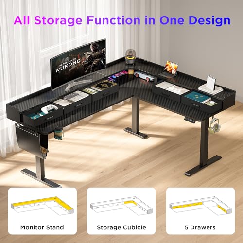 Image of WALKINGDESK 75 Inches Height Adjustable L Shaped Standing Desk with 5 Drawers and Monitor Shelf, Electric Sit to Stand Home Office Computer Table, Ergonomic Corner Gaming Desk, Black