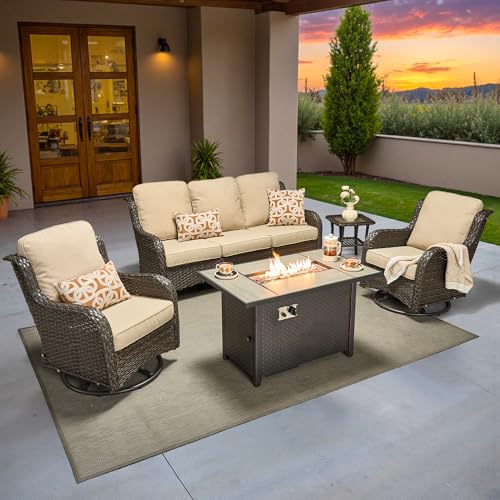 ovios 5 Pieces Patio Furniture Set, Outdoor Wicker Sofa Couch with Swivel Chairs 42