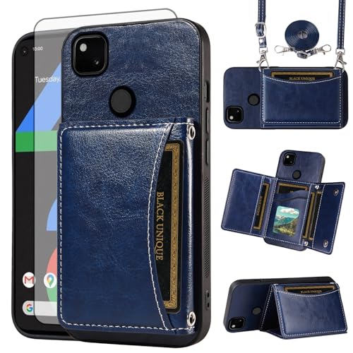 Asuwish Phone Case for Google Pixel 4a 4G Wallet Cover with Tempered Glass Screen Protector Credit Card Holder Slot Crossbody Strap Stand Cell Accessories Pixel4a Pixle a4 5.8 2020 Women Girls Blue -  Pixel-4A-4G-FMWSZ-US-Case