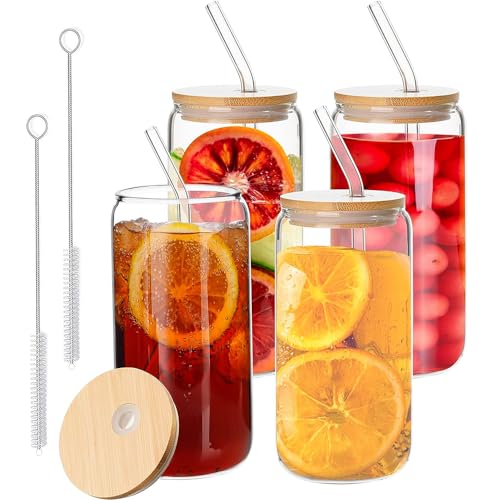Consejos para Comprar Juego con vasos los preferidos por los clientes. 48 Juego Vasos de Vidrio con Tapas Plástico - 500ML Juego de Vasos de Vidrio, para Cerveza, Café Helado, Whisky, Capuchino, con Tapas de Tapas y Pajitas, 2 Cepillos de Limpieza,...