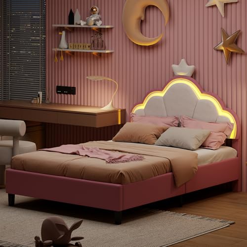 Klarheitswerk Girls Upholstered Bed with RGB LED Cloud Headboard, Single Bed Frame for Kids, Adjustable Height Pink Velvet Bed,No Mattress (Single -190x90)