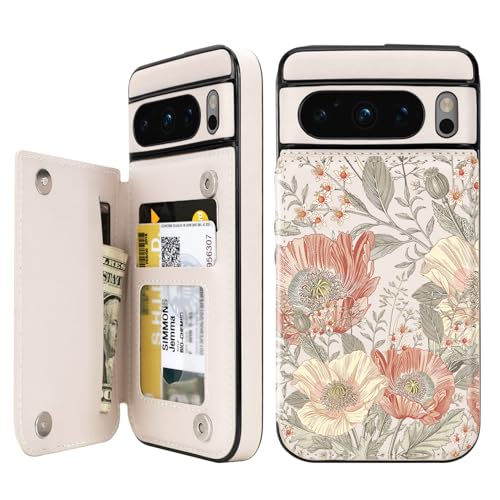 uCOLOR Compatible with Google Pixel 8 Pro Wallet Case with Card Holder Slot Folio Flip PU Leather Cover for Women Girls (Pink Vintage Flowers)