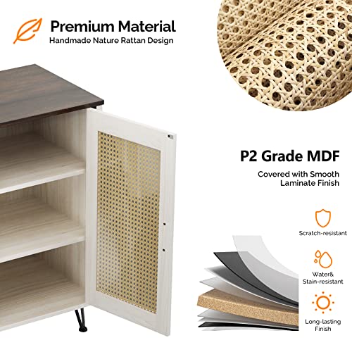 Vingli Rattan Buffet Cabinet Boho Wicker Sideboard Cabinets Wooden Cradenza With 2 Adjustable Shelves For Living Room/Entryway, Ivory #TOP4