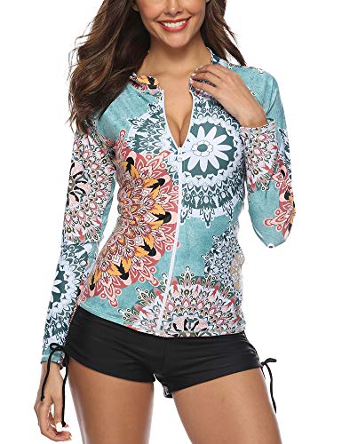 Caracilia Women Long Sleeve Rash Guard UPF 50+ UV Sun Protection Zip Front Swimsuit Shirt Printed Surfing Shirt Top F17-XL CA106