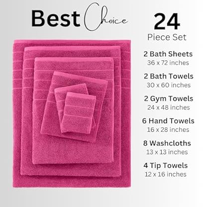 24 Stück Handtücher für Badezimmer 100% Baumwolle Handtuch Set Oversize Badetücher Gym Handtücher Waschlappen Weich und Saugfähig - Fuchsia – Bild 5