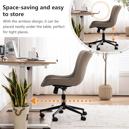 Image of YOUNIKE Green Office Desk Chair with Wheels Armless Vanity Chair Modern | Faux Leather Upholstered with Rocking Back, Swivel Height Adjustable Small Cute Computer Rolling Task Chair Ergonomic 300lb