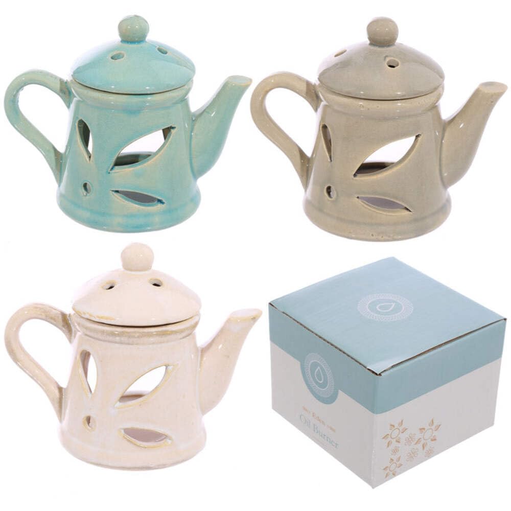 Puckator Eden Ceramic Teapot Oil Burner with Lid - Living Room Accessories - Wax Liquidizer - Oil Burners For Essential Oils - Wax Burners - Wax Melt Holder - Room Fragrance - Scents Melter