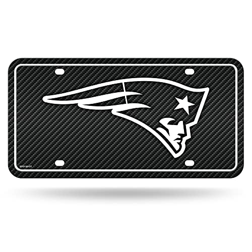 Rico Industries NFL Football New England Patriots Carbon Fiber Metal Auto Tag 6" x 12" - Great For Truck/Car/SUV