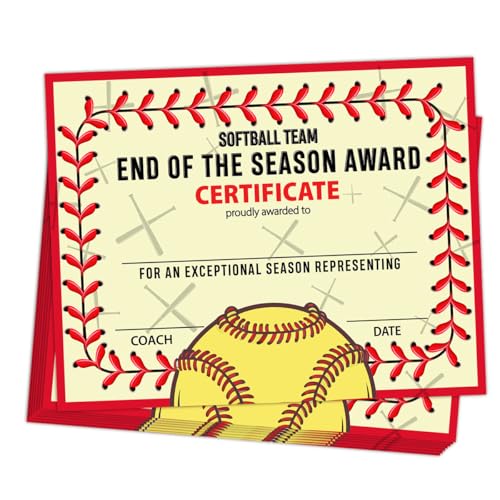 SHIEL-EVEN 25 PCS End of Season Softball Awards Certificate,Softball Team Sports Certificate of Achievement Appreciation for Boys Girls Students Teachers Employees,Softball Team Gifts, 8x10 Inch