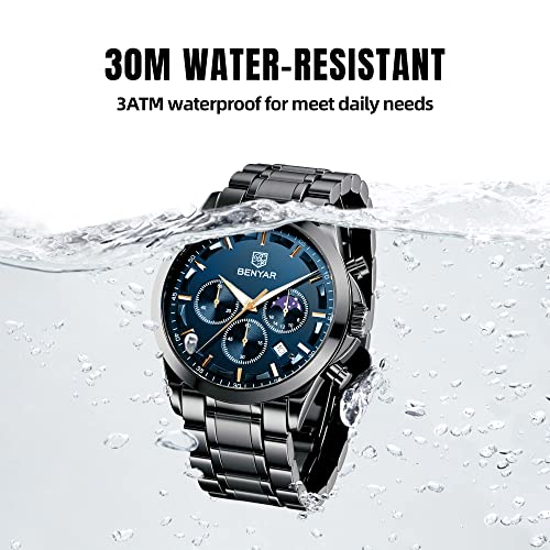 BENYAR Watch for Men Waterproof Sport Military Men's Watches Multifunction Chronograph Black Fashion Quartz Wristwatches Calendar with Stainless Steel Strap