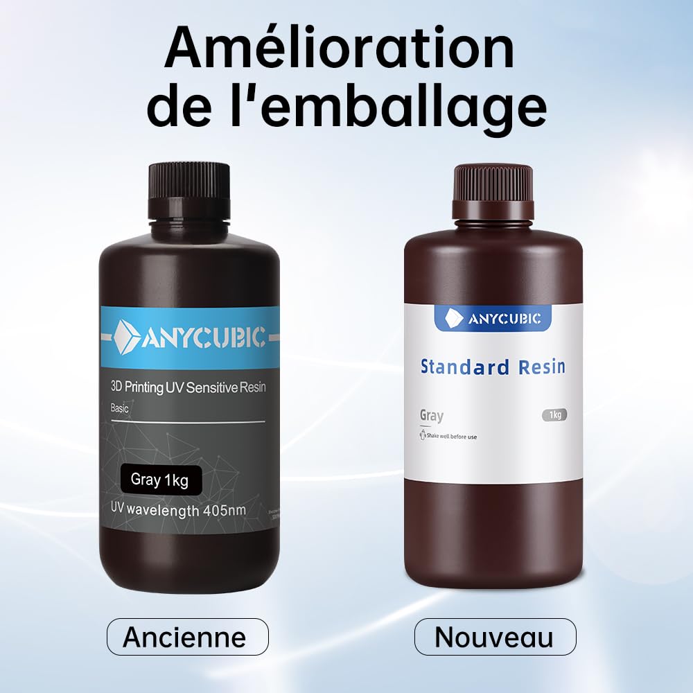 ANYCUBIC Résine photopolymère rapide UV 405 nm standard, avec une grande précision et un durcissement rapide et une excellente fluidité pour l'imprimante 3D LCD DLP (gris, 1 kg, 4 pièces)