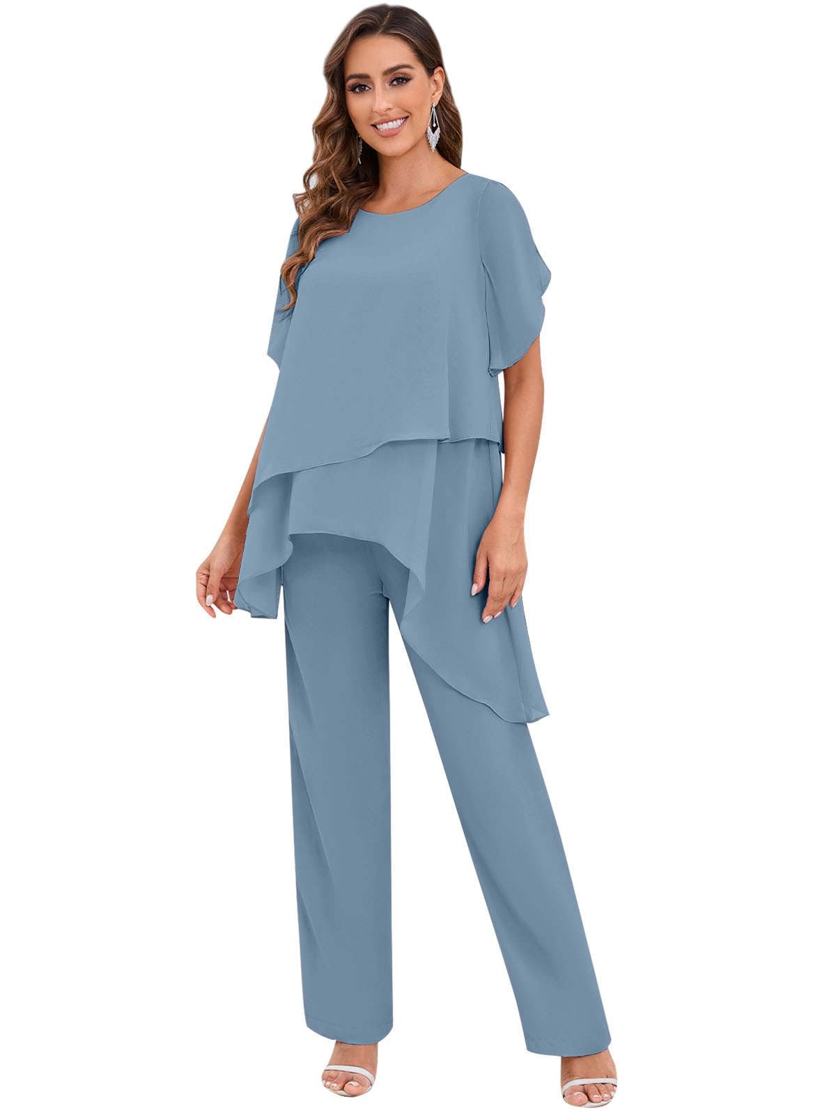2 Pieces Mother of The Bride Pant Suits for Women Dressy Chiffon Sets Ruffle Layers Formal Wedding Guest
