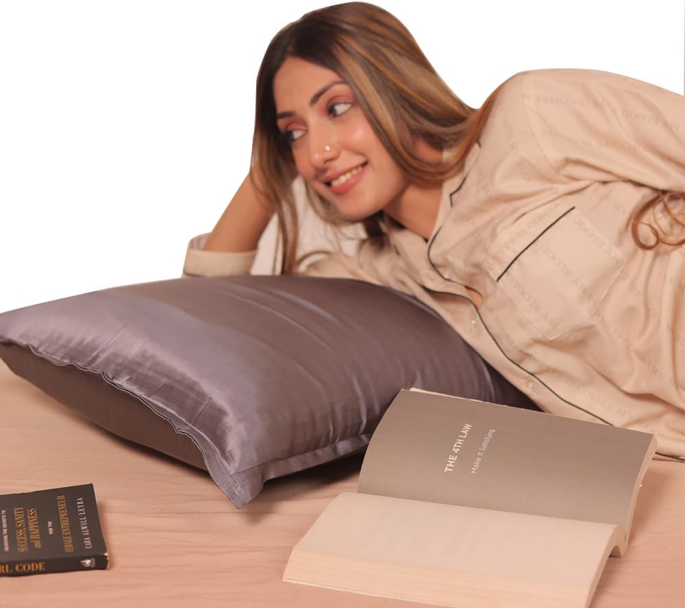 Furbo Mulberry Silk Pillow Cover and Scrunchy Combo Cases for Hair and Skin Anti Aging Anti Hair Fall Anti Acne Grey (2 Pillowcase 2 Scrunchy)