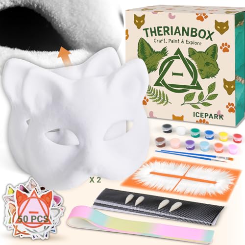 Therian Cat Mask Craft Kit - Set of 2 with Pre-Felted Mask Base, Mesh, Artificial long-haired fabric Artificial Fangs & Stickers All‑in‑One Box Unleash Your Inner Spirit