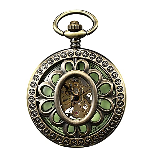 Reloj de bolsillo esquelético TREEWETO mecánico y luminoso con cadena de color bronce para hombre 3