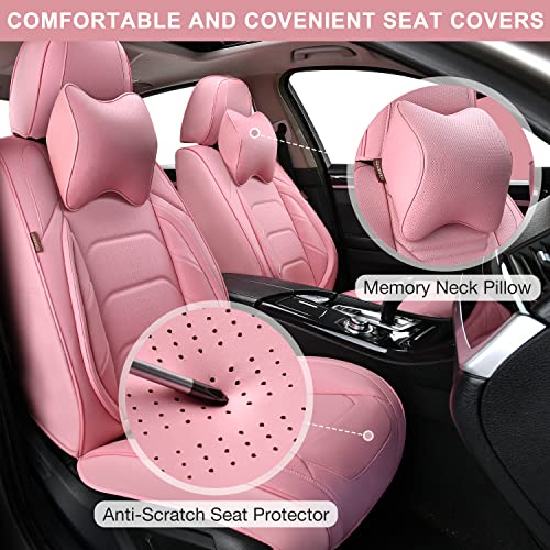 Tiehesyt Pink Car Seat Covers Full Set, Breathable Leather Automotive Front And Rear Seat Covers & Headrest For Comfortable Driving, Universal Auto Interior Fit For Most Kinds Of Vehicles #TOP1
