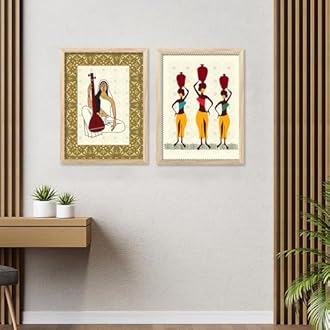 kotart Gond art Premium Digital Paintings with Frame for Home Decoration - Floral Painting for Living Room Bedroom Office Room Decor - Painting for Wall Decoration - Pack of 6 (G)