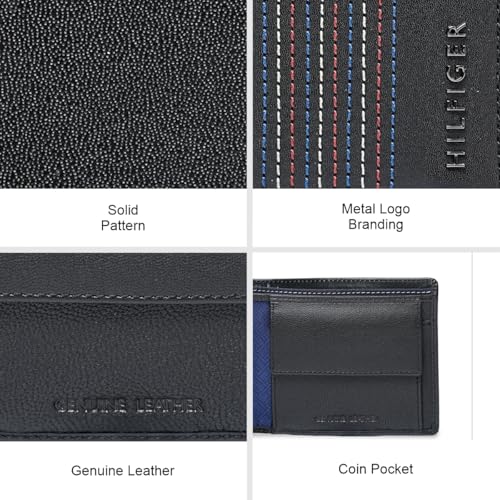 Image of Tommy Hilfiger Men's Leather Wallet Pocos | Solid Black Bi-Fold with Global Coin Pocket, 4 Card Slots | Stylish Purse for Gents