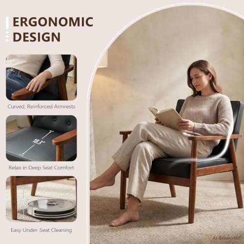 Image of Black Accent Chairs Set of 2, Faux Leather Chairs with Solid Wood Armrest | JIASTING, Mid-Century Modern, Tufted Backrest, Living Room, Waiting Room, Office