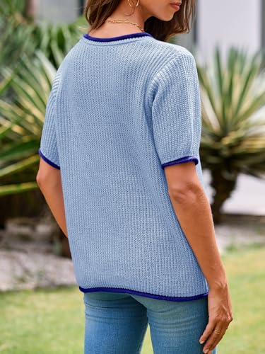Image of Saodimallsu Womens Puff Short Sleeve Sweater Tops Spring Summer Color Block Ribbed Knit Crew Neck Going Out Shirts