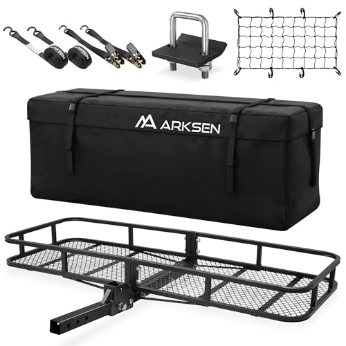 ARKSEN 60" x 23" x 5.5" Folding Hitch Cargo Carrier Basket w/Waterproof Cargo Bag(16.5 Cu Ft), Net, Hitch Stabilizer, 2 Ratchet Straps, 500 Lbs Heavy
