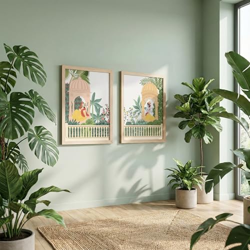 Image of NoWorries Set of 2 Large Traditional Rajasthani & Madhubani Art Wall Frames | Multicolor Laminated 300 GSM Pigment Digital Prints with Synthetic Wood Frames | Perfect Home, Living Room, Dining Room, Bedroom & Cafe Wall Decor | Framed Posters Set for Authentic Traditional Ambiance