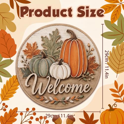 Image of Fall Decor - Fall Welcome Sign for Front Door | Thanksgiving Decorations | Rustic Round Pumpkin Door Wreath Sign Wood Hanging Decor - Fall Thanksgiving Party Favors Supplies for Home Door Wall Decor
