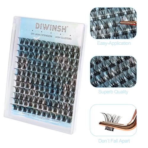 DIWINSH Wimpern Cluster 144 Pcs 14mm DIY Wimpern Extensions D Curl Natürliches klares Band Wimpernverlängerung Volume Individuelle lash clusters zu Hause (DIY-14mm)